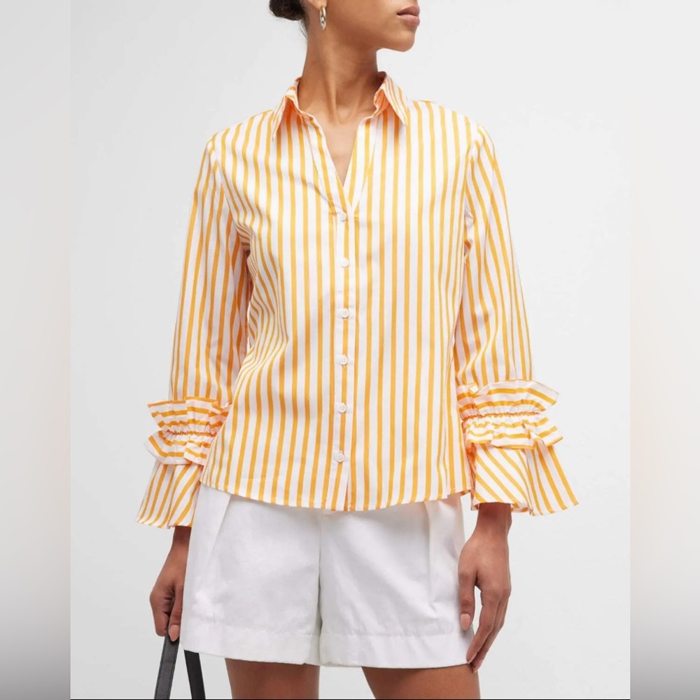 $228 HARSHMAN Selina Striped Ruffle-Trim 100% Cotton Shirt Size XS Fits up to M